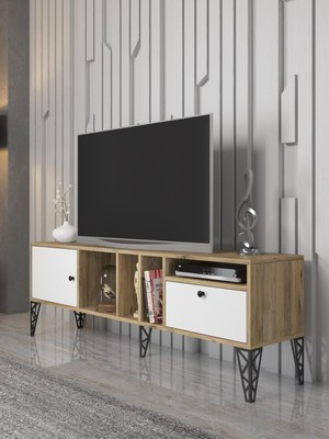 Wood'n Love Cercei 160 cm Metal Ayaklı Tv Ünitesi - Beyaz - Atlantik Çam / Siyah