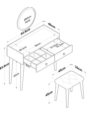 Rani BJ103 Makyaj Masası 2 Çekmeceli Aynalı Takı Düzenleyici + Tabure Takım S. Ceviz - Beyaz