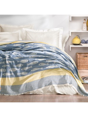 Yataş Bedding Veta Çift Kişilik Müslin Pike Yatak Örtüsü - Mavi