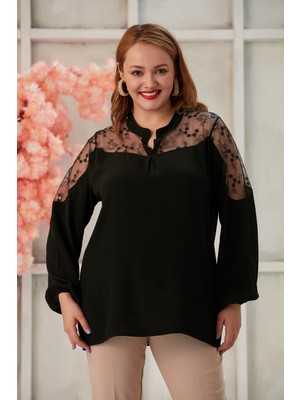 Rmg Omuz Dantel Detaylı Büyük Beden Siyah Bluz
