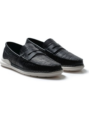 River World Erkek Model Ayakkabısı Deri Siyah Renk Kroko Desenli Renk Loafer Pgm