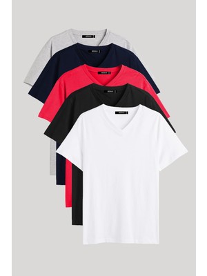 Mmetalic Metalıc  Erkek Çok Renkli T- Shirt Regular Fit Rahat Kesim V Yaka 5'li Basic Tişört Paketi
