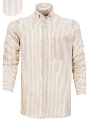 Varetta Erkek Taba Çizgili Pano Desen Uzun Kol Düğmeli Yaka Klasik Kesim Gömlek