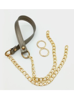 Angel Çanta Aksesuar Suni Deri Dikişli Parlak Gri Renk Light Gold Zincirli Çanta Sapı