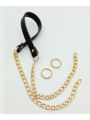 Angel Çanta Aksesuar Suni Deri Dikişli Siyah Renk Light Gold Zincirli Çanta Sapı