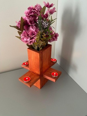 Bahat Ahşap Çiçeklik Saksılık Vazo Mumluk Tealight Mum Seti Çiçeksiz A1