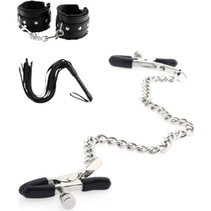 TSM Collection 3'lü Set Siyah Zincirli Göğüs Ucu Sıkıştırıcı Nipple Clamp Siyah Deri Fantezi Kırbaç ve Kelepçe