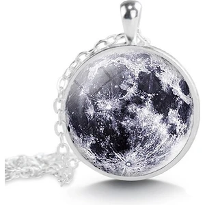 Büyüteç Cam Içinde Ay Haritalı Ender Dolunay Kolye Vintage Moon Gümüş Renk Zincir Dahil Erkek Kadın