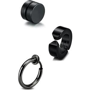 Unisex Siyah 3 Adet Deliksiz Sıkıştırmalı Mıknatıslı Çelik Küpe Set