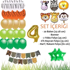 Patladı Gitti Safari Konsepti 4 Yaş Doğum Günü Parti Kutlama Seti; Rakam ve Yıldız Folyo, Banner ve Balon Zinciri