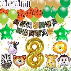 Patladı Gitti Safari Konsepti 8 Yaş Doğum Günü Parti Kutlama Seti; Rakam ve Yıldız Folyo, Banner ve Balon Zinciri