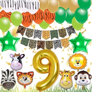 Patladı Gitti Safari Konsepti 9 Yaş Doğum Günü Parti Kutlama Seti; Rakam ve Yıldız Folyo, Banner ve Balon Zinciri