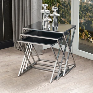 Sawoli Home Royal Füme Aynalı, Zemini Çizmeyen Metal Ayaklı 3'lü Zigon Sehpa Seti 55x40 cm – Salon ve Oturma Odasında Şık ve Fonksiyonel Kullanım