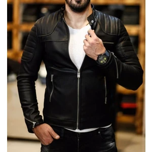 North Fashion Erkek Siyah Deri Mont Ceket Iç Cepli Omuz Çizgili Model