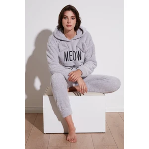 Kapüşonlu Elastik Bantlı Peluş Pijama Takımı Bayan Pijama Takımı 6094130