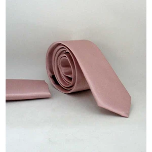 Pudra Pembe Slim Fit (Ince) Düz Renk Mendilli Saten Kravat - Ss-39