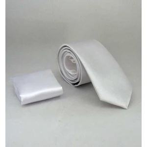 Beyaz Slim Fit (Ince) Düz Renk Mendilli Saten Kravat - Ss-12