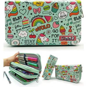 Kalem Kutusu Unicorn Desenli Kawai Organizer Kalem Kutusu Üç Bölmeli Kalemlik