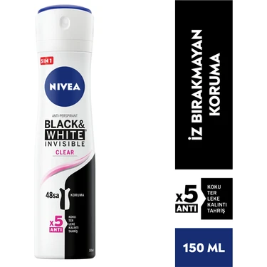 NIVEA Kadın Sprey Deodorant Black& White Invisible Clear 150ml,  Ter ve Ter Kokusuna Karşı 48 Saat