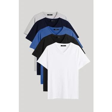 Mmetalic Metalıc Erkek Çok Renkli T- Shirt Regular Fit Rahat Kesim V Yaka 5'li Basic Tişört Paketi ürün görseli