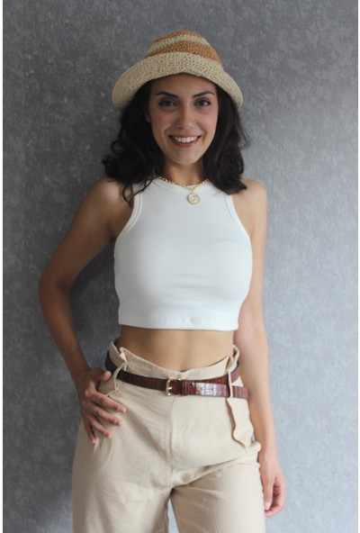 AD-AY Beyaz Halter Yaka Kaşkorse Crop Bluz