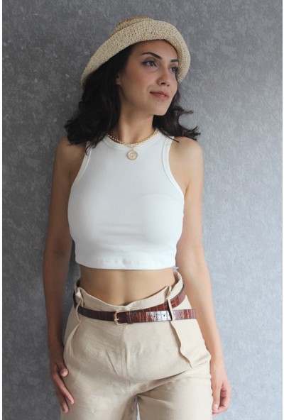 AD-AY Beyaz Halter Yaka Kaşkorse Crop Bluz
