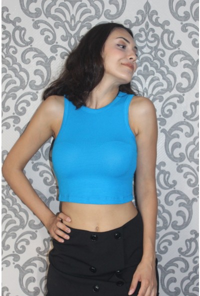 AD-AY Mavi Halter Yaka Kaşkorse Crop Bluz