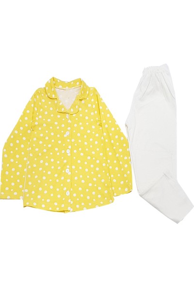 Feyzamavm Kız Çocuk Önden Düğmeli Sarı Puantiyeli Pijama Takımı