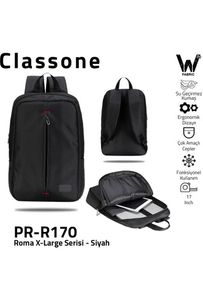 Classone PR-R170 Roma Serisi Su Geçirmez Kumaş 17" Laptop ,notebook Sırt Çantası-Siyah