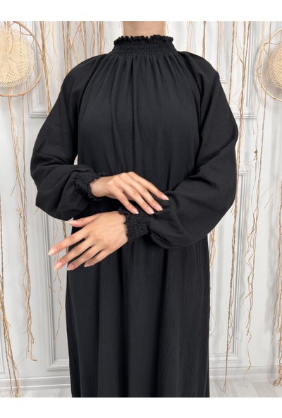 Eliş Şile Bezi Kadın Şile Bezi Pamuk Namaz Elbisesi Tek Parça Kolay Boydan Giyilen Kolu ve Yakası Lastikli Siyah Syh