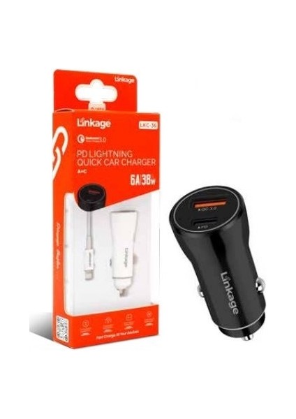IPhone Uyumlu 38W/6A Araç Çakmaklık Hızlı Şarj Aleti Type-C ve USB Girişli Lightning To Type-C Kablo
