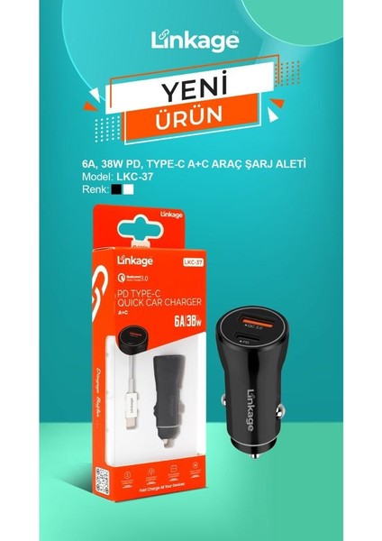 IPhone Uyumlu 38W/6A Araç Çakmaklık Hızlı Şarj Aleti Type-C ve USB Girişli Lightning To Type-C Kablo