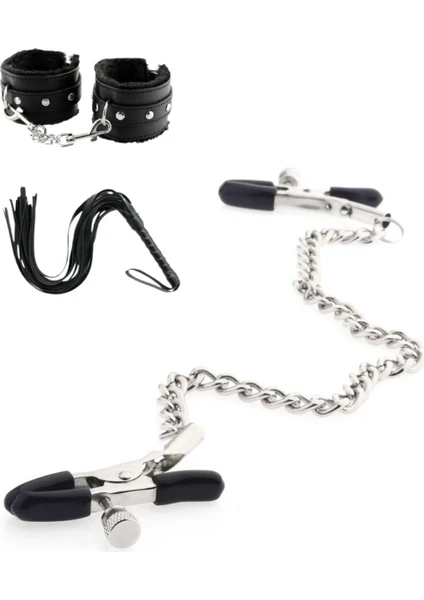 TSM Collection 3'lü Set Siyah Zincirli Göğüs Ucu Sıkıştırıcı Nipple Clamp Siyah Deri Fantezi Kırbaç ve Kelepçe