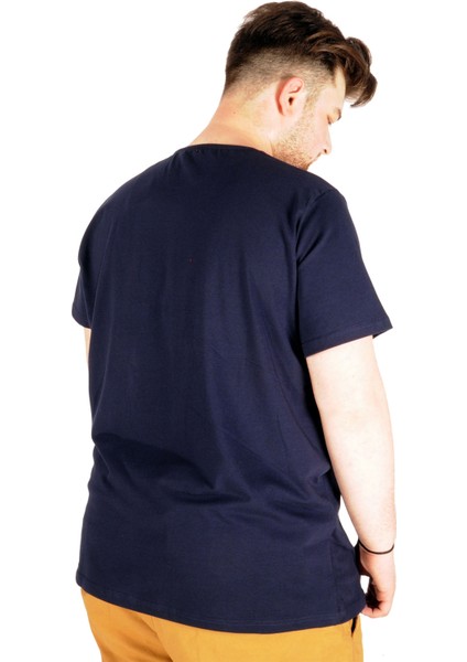 Büyük Beden Likralı T-Shirt Bisiklet Yaka 20149 Lacivert