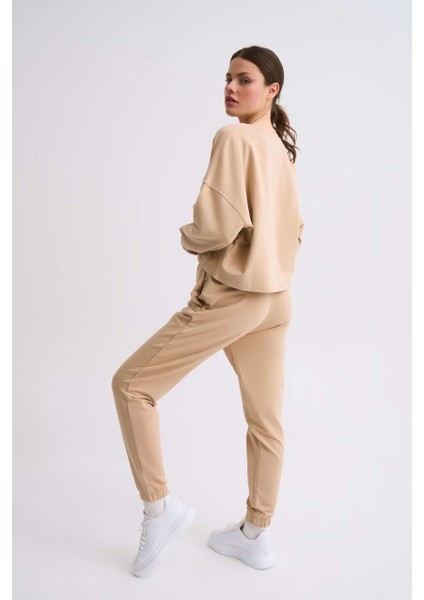 Organik Cepli Regular Fit Bağcıklı Kadın Eşofman Altı Bej Bej Xs