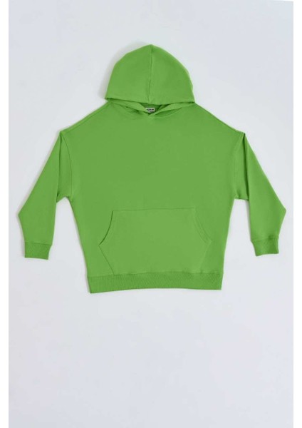 Organik Kapüşonlu Cepli Uzun Kollu Kadın Sweatshirt Yeşil Yeşil Xs