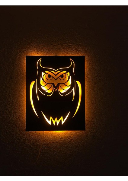 Baykuş LED Işıklı Tablo Ahşap 50X40CM