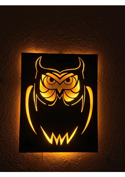 Baykuş LED Işıklı Tablo Ahşap 50X40CM