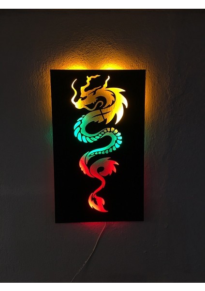 3D Ejderha Silüet LED Işıklı Ahşap Tablo 50X35CM