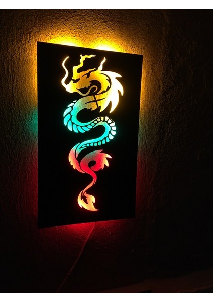 3D Ejderha Silüet LED Işıklı Ahşap Tablo 50X35CM