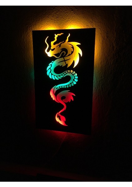 3D Ejderha Silüet LED Işıklı Ahşap Tablo 50X35CM