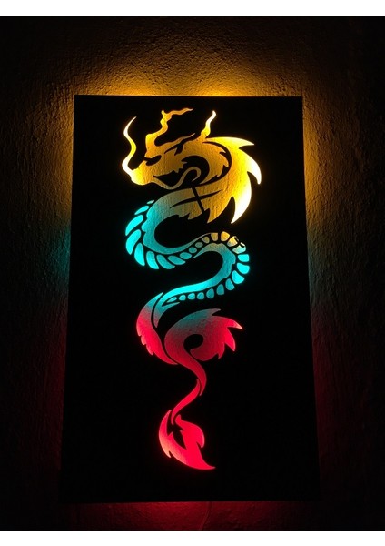3D Ejderha Silüet LED Işıklı Ahşap Tablo 50X35CM