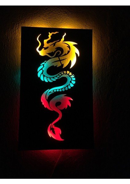 3D Ejderha Silüet LED Işıklı Ahşap Tablo 50X35CM