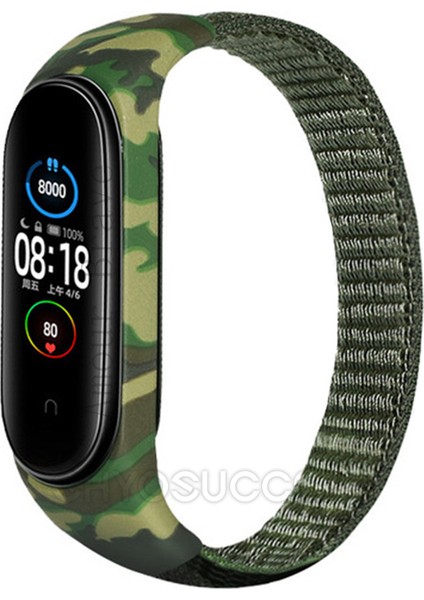 Xiaomi Mi Band 6 Uyumlu Kordon Leopar Renkli Desenli Hasır Kayış Spor Kordon Haki