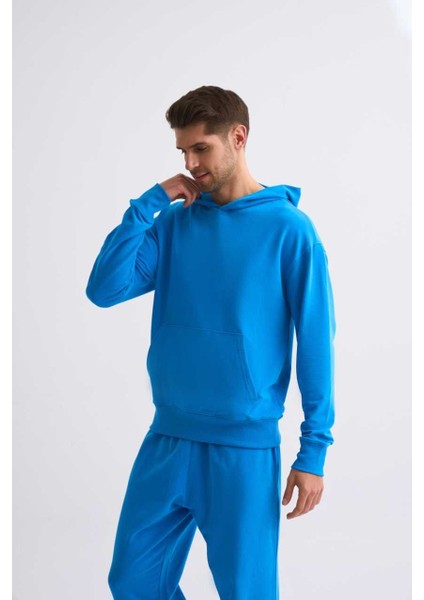 Kapüşonlu Uzun Kollu Erkek Sweatshirt - Mavi Mavi - Xxl modelleri
