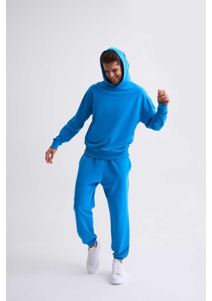Kapüşonlu Uzun Kollu Erkek Sweatshirt - Mavi Mavi - Xxl fırsatları