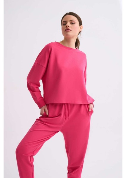 Uzun Kollu Kadın Crop Sweatshirt - Pembe Pembe - Xs