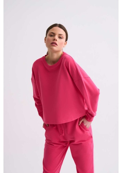 Uzun Kollu Kadın Crop Sweatshirt - Pembe Pembe - Xs