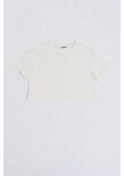 Regular Fit Kısa Kollu Kadın Crop Tişört - Ekru Ekru - L