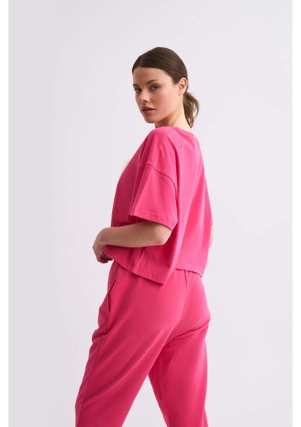 Regular Fit Kısa Kollu Kadın Crop Tişört - Pembe Pembe - Xs